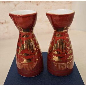 Vintage Japanese Kutani Ware Porcelain 5" Sake Bottle Red Tokkuri Phoenix